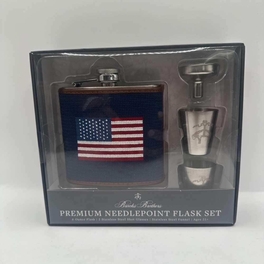 Brooks Brothers NeedlePoint American Flag 6 oz Hip Flask Set Shot Glasses Funnel